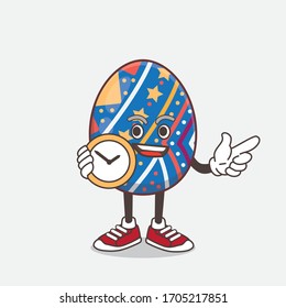 An illustration of Easter Egg cartoon mascot character holding a clock