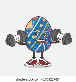An illustration of Easter Egg cartoon mascot character on fitness exercise trying barbells