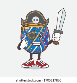 An illustration of Easter Egg cartoon mascot character in pirate style and wearing hat and sword