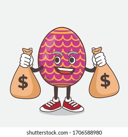 An illustration of Easter Egg cartoon mascot character holding money bags