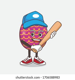 An illustration of Easter Egg cartoon mascot character playing baseball