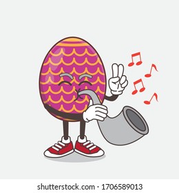 Una ilustración de un personaje de mascota de Huevo Pascua tocando música con trompeta