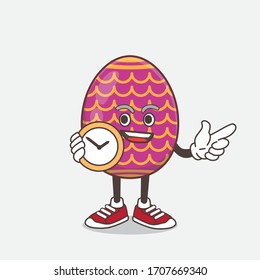 An illustration of Easter Egg cartoon mascot character holding a clock