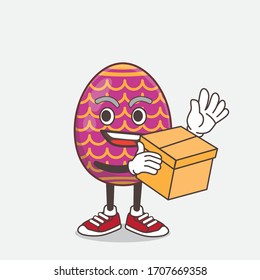 Una ilustración del personaje de la mascota Huevo de Pascua sosteniendo una caja