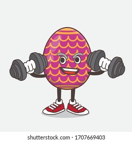 An illustration of Easter Egg cartoon mascot character on fitness exercise trying barbells