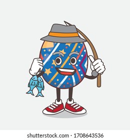 An illustration of Easter Egg cartoon mascot character fishing with 2 fishes