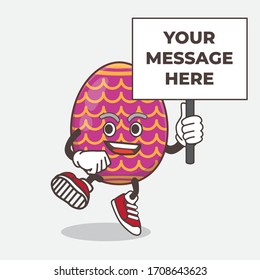 Una ilustración del personaje de la mascota Huevo de Pascua con un mensaje de cartón