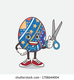 An illustration of Easter Egg cartoon mascot character as smiling barber with scissors on hand