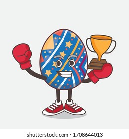 An illustration of Easter Egg cartoon mascot character as Boxing winner of arcade game machine