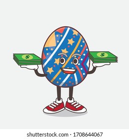 An illustration of Easter Egg cartoon mascot character with money on hands