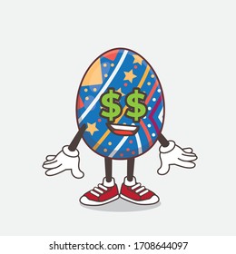 Una ilustración de un personaje de mascota de Huevo Pascua con el símbolo del dinero en los ojos