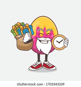 An illustration of Easter Egg cartoon santa mascot character having a sack of gifts