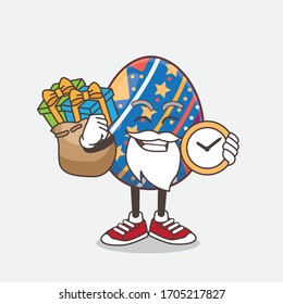 An illustration of Easter Egg cartoon santa mascot character having a sack of gifts