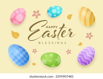 Illustration of Easter Egg Greeting Card with Happy Easter Calligraphy Featuring Colorful Seasonal Ornament and Springtime Flowers perfect for Invitation Poster and Festive Celebration Postcard Design