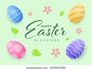 Illustration of Easter Egg Greeting Card with Happy Easter Calligraphy Featuring Colorful Seasonal Ornament and Springtime Flowers perfect for Invitation Poster and Festive Celebration Postcard Design