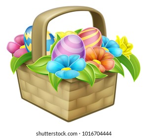 An illustration of an Easter egg hunt basket hamper with flowers