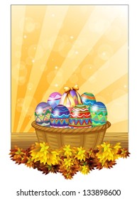 Illustration of the easter eggs in a basket on a white background