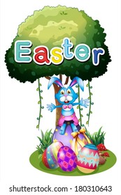 Illustration of the easter eggs and a bunny under the tree on a white background