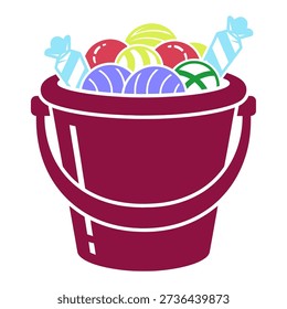 Illustration of Easter eggs and candy in a bucket
