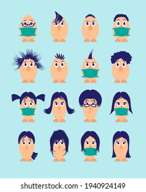 Illustration of easter eggs characters with different smiling male and female faces with protection face mask. Happy Easter Stay home quarantine safe corona virus covid. Stay healthy!