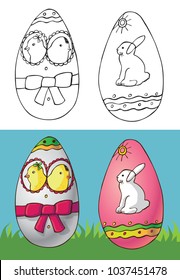 Illustration of Easter eggs with chickens and a white rabbit on green grass