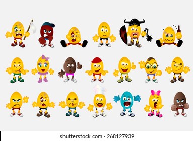 Illustration of Easter eggs, as emoticons in different clothes, moods, situations and race. Rage, fear, naivete, smile, surprise, vanity, panic, crying, drinking, joy, drowsiness, aggression...