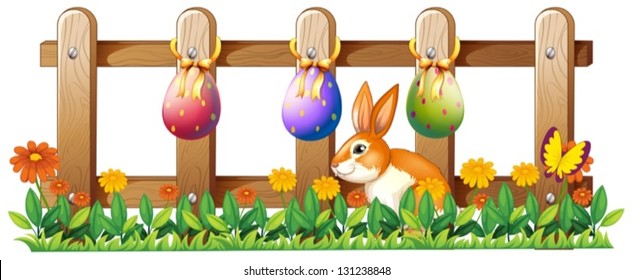 Illustration der Ostereier am Zaun und eines Hasen auf weißem Hintergrund – Stockvektorgrafik
