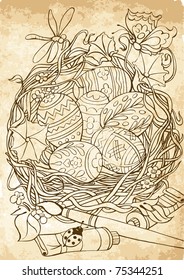 illustration of easter eggs in grass bowl