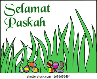 Illustration of easter eggs on the grass with the words "Selamat Paskah" which means Happy Easter