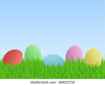 Illustration of easter eggs on grass with a blue sky background.