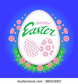 illustration easter eggs on the grass and the word "happy easter"