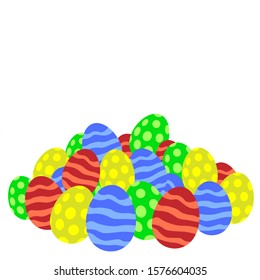 Illustration of easter eggs pile. Red, green yellow, blue easter eggs on white background. Vector illustration. EPS 10.