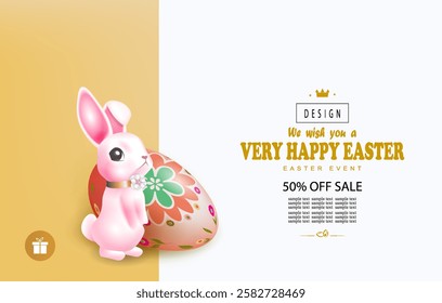 Illustration with easter eggs and pink beautiful rabbit, isolated design component.