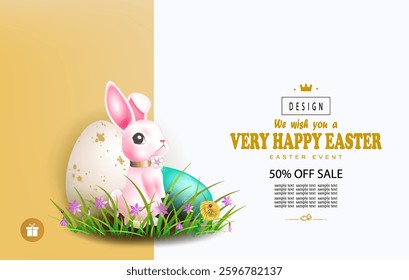 Illustration with Easter eggs and pink cute rabbit, design component