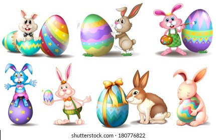 Illustration of the Easter eggs with playful bunnies on a white background