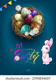 Illustration with Easter eggs in a straw nest and a wonderful pink rabbit