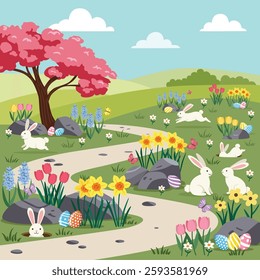Illustration of an Easter garden filled with bunnies, colorful eggs and flowers.
