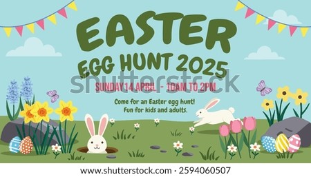 Illustration of an Easter garden filled with bunnies, colorful eggs and flowers.