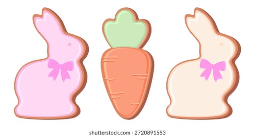 Illustration von Osterlebkuchen Kekse in Form von Hasen und Karotte aus Zuckerglasur dekoriert. Festliche, flache Vektorgrafik einzeln auf weißem Hintergrund.