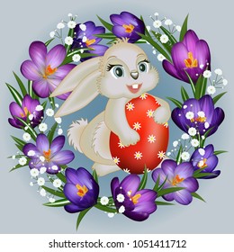 Illustration of Easter greeting card template with bunny, egg and wreath of crocus and gypsophila flowers
