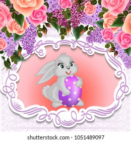 Illustration of Easter greeting card template with bunny, egg, rose and lilac flowers and frame
