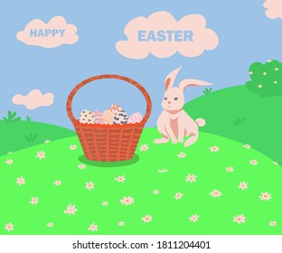 illustration for the Easter holiday. basket with decorated eggs in a meadow with flowers. white rabbit and easter eggs. Easter symbols. spring landscape. postcard.