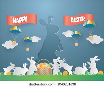 Illustration of Easter holiday day.Eggs in basket on grass surrounded by family rabbit and tied with white rope 
parachute from the sky   in spring season  background ,paper craft style