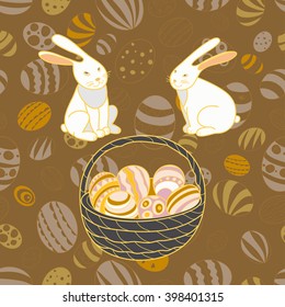 Illustration of Easter holiday with the image of a basket with eggs and white rabbits, on the pattern background of eggs

