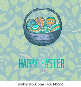 Illustration for Easter holiday with the image of a basket with Easter eggs on the blue pattern background