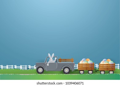 Illustration of Easter holiday Rabbit riding a car with eggs on green grass in spring season ,paper craft style.