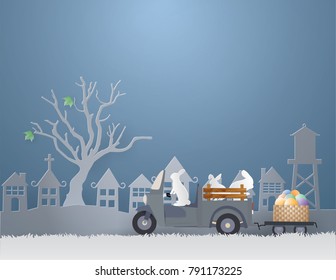 Illustration of Easter holiday Rabbit riding a car with eggs coming to Urban countryside Landscape City Village in the spring season