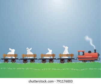 Illustration of Easter holiday with Rabbit in a train on green grass in the spring season,Vector and illustration.