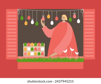 Illustration of the Easter market house with the seller and the garland of Easter eggs 