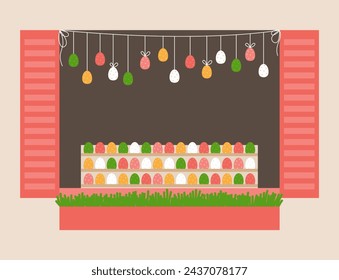 Illustration of the Easter market window showcase with garland of Easter eggs